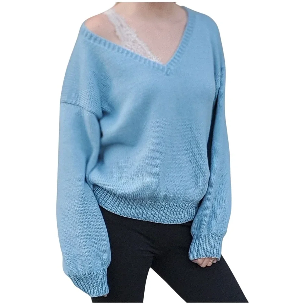 Handmade Knit Sky Blue‎ Oversized Sweater | Cozy V-Neck Pullover - Picture 4 of 8